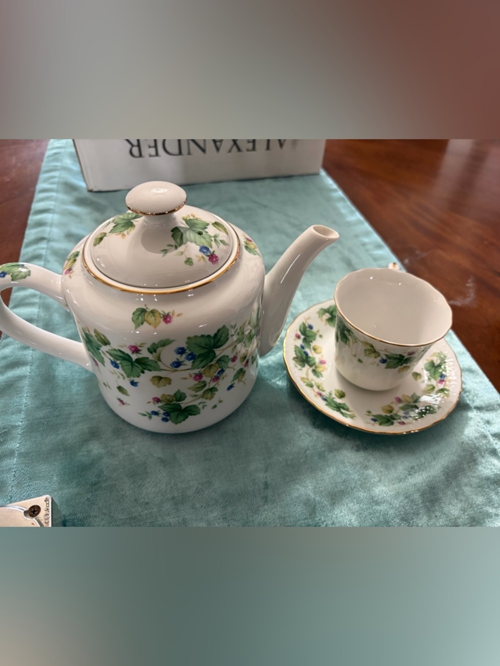 Andrea by SadeWhite Teapot and Cup Set with Green Leaves and Pink & Blue Flowers